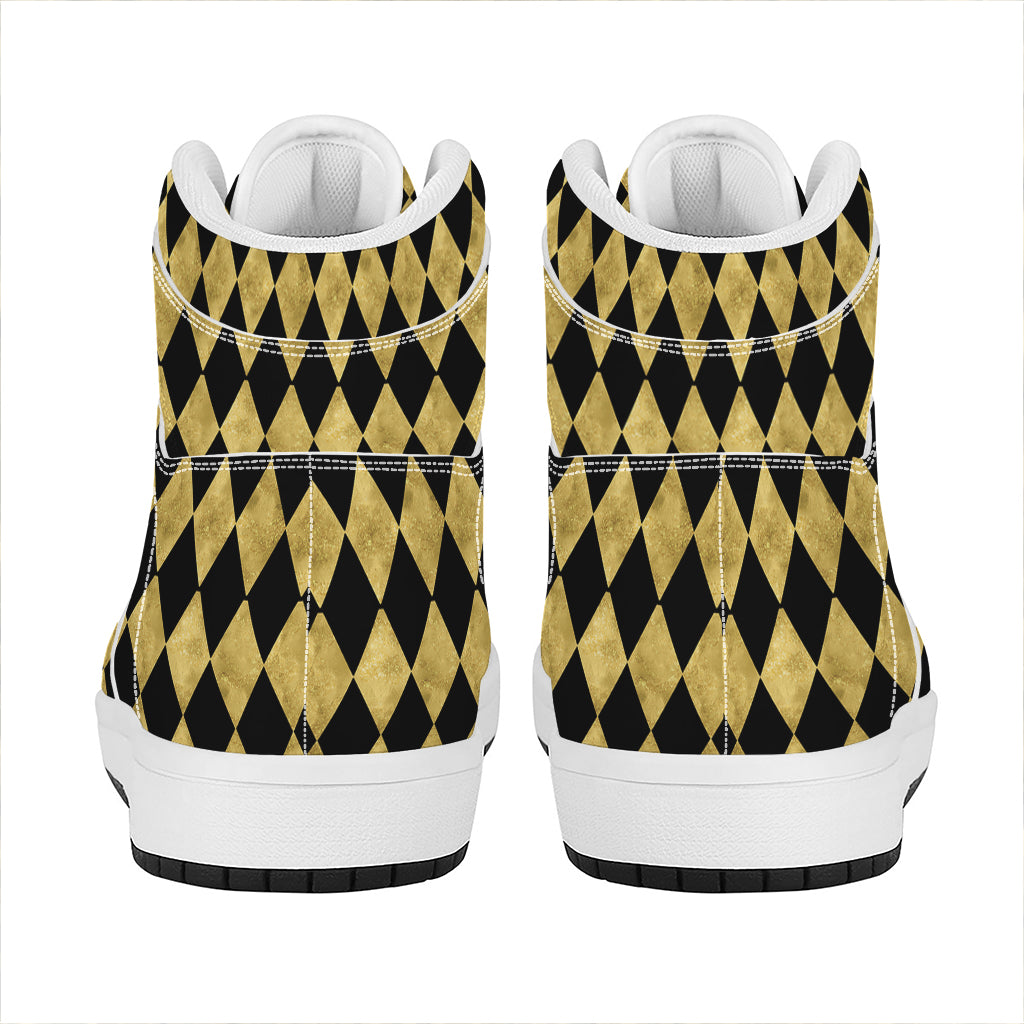 Black And Gold Harlequin Pattern Print High Top Leather Sneakers