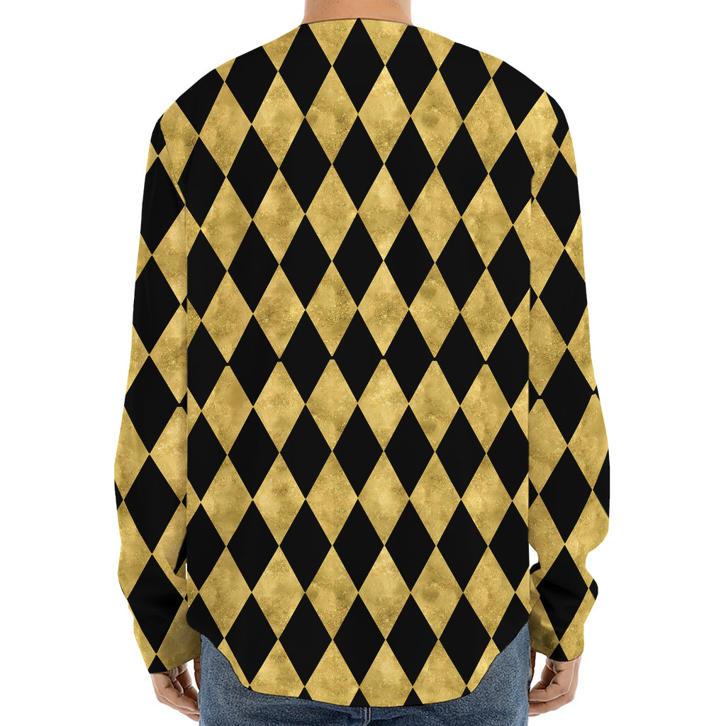 Black And Gold Harlequin Pattern Print Long Sleeve Baseball Jersey