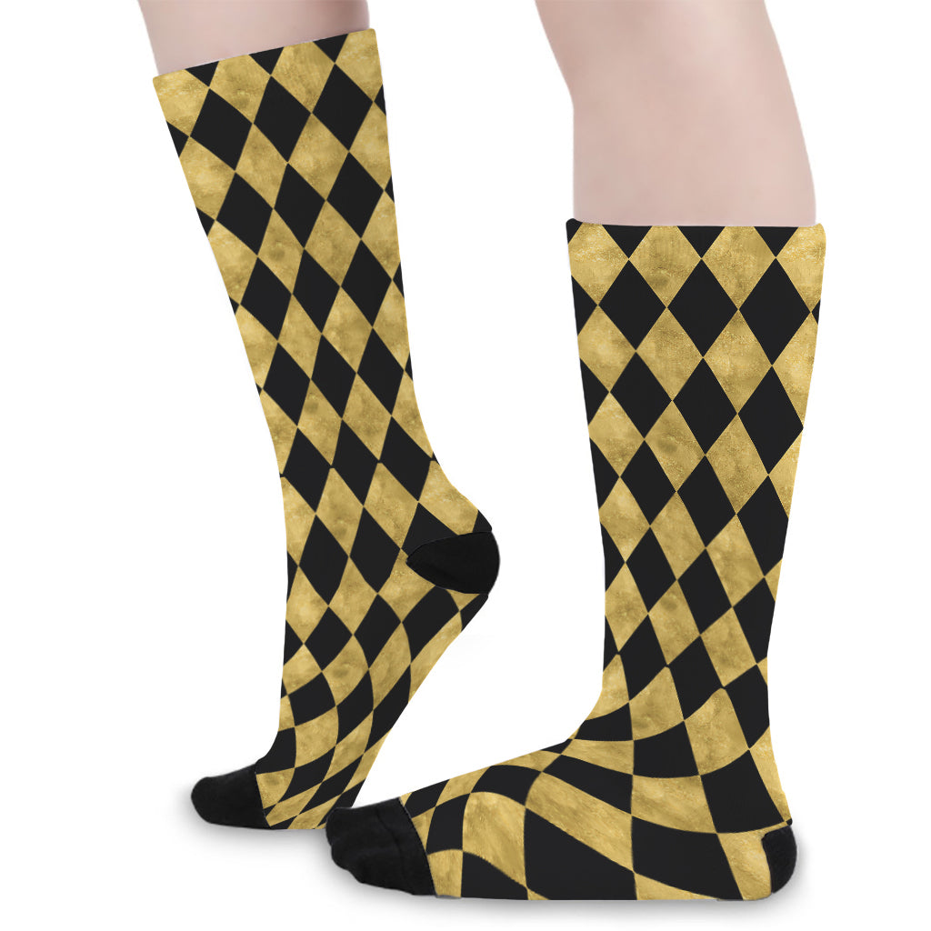 Black And Gold Harlequin Pattern Print Long Socks