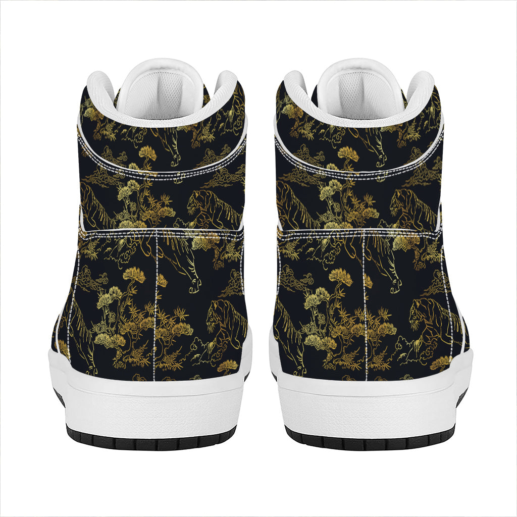 Black And Gold Japanese Tiger Print High Top Leather Sneakers
