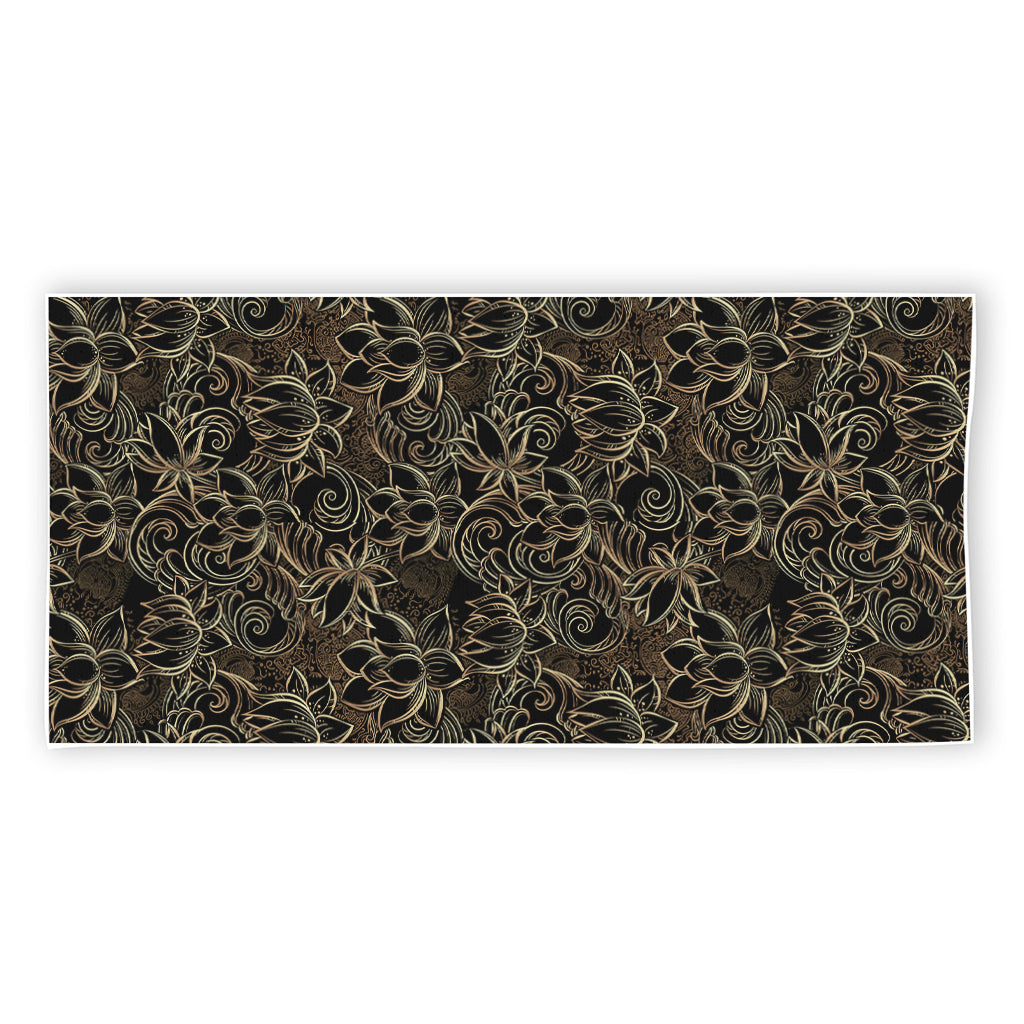 Black And Gold Lotus Pattern Print Beach Towel