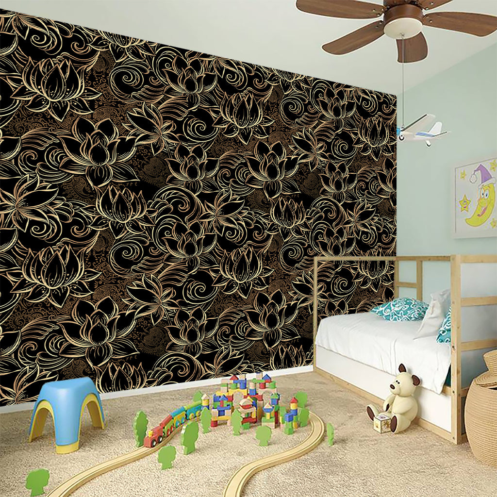 Black And Gold Lotus Pattern Print Wall Sticker