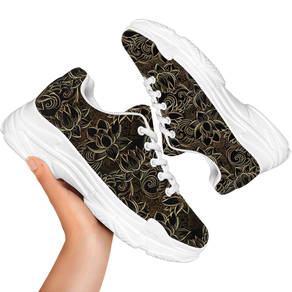 Black And Gold Lotus Pattern Print White Chunky Shoes