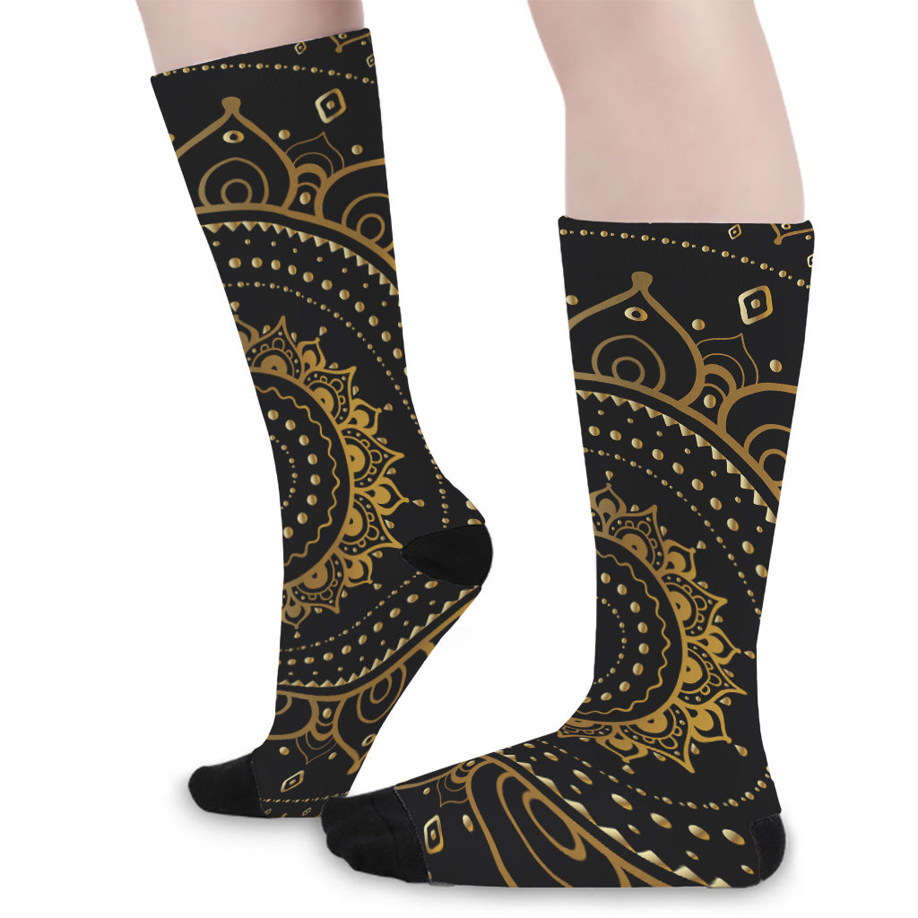 Black And Gold Mandala Print Long Socks