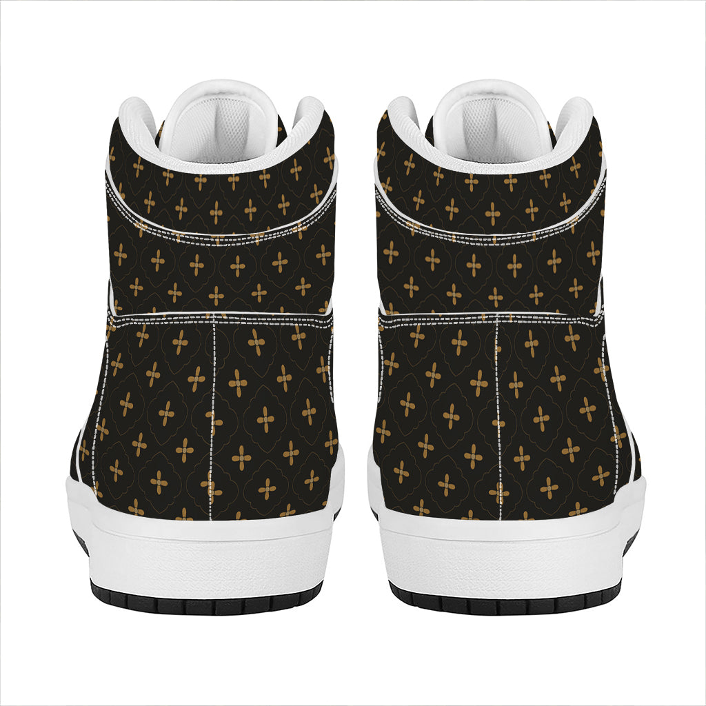 Black And Gold Orthodox Pattern Print High Top Leather Sneakers