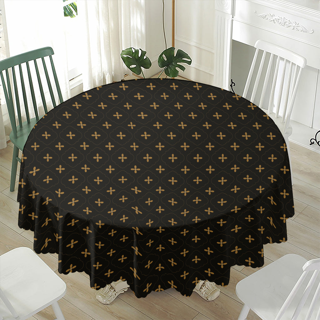 Black And Gold Orthodox Pattern Print Waterproof Round Tablecloth