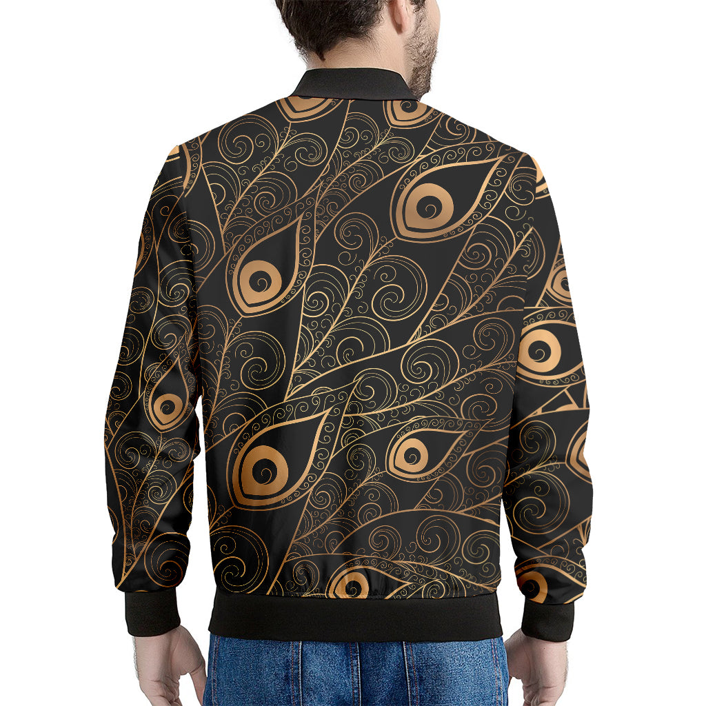 Black And Gold Peacock Feather Print Men's Bomber Jacket