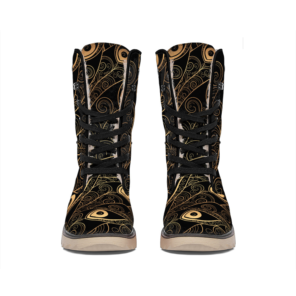 Black And Gold Peacock Feather Print Winter Boots