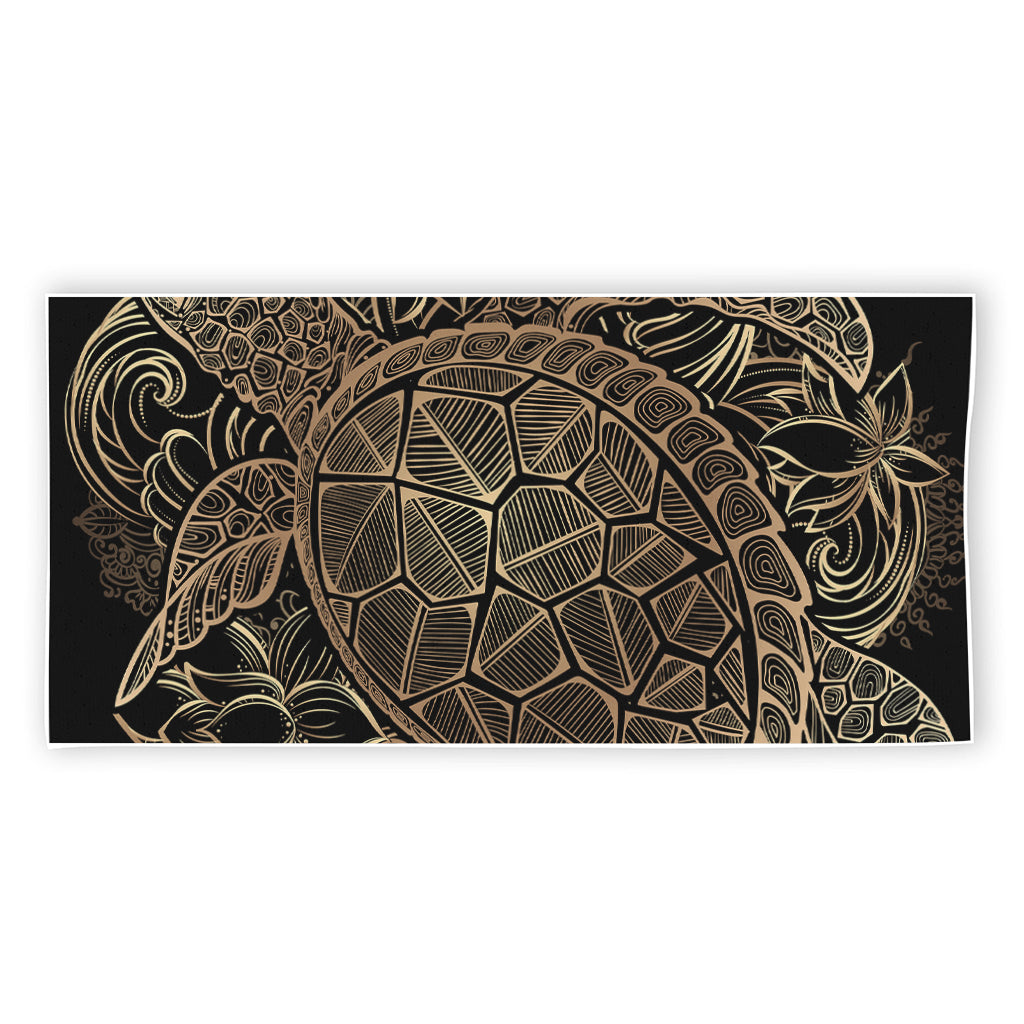 Black And Gold Sea Turtle Print Beach Towel