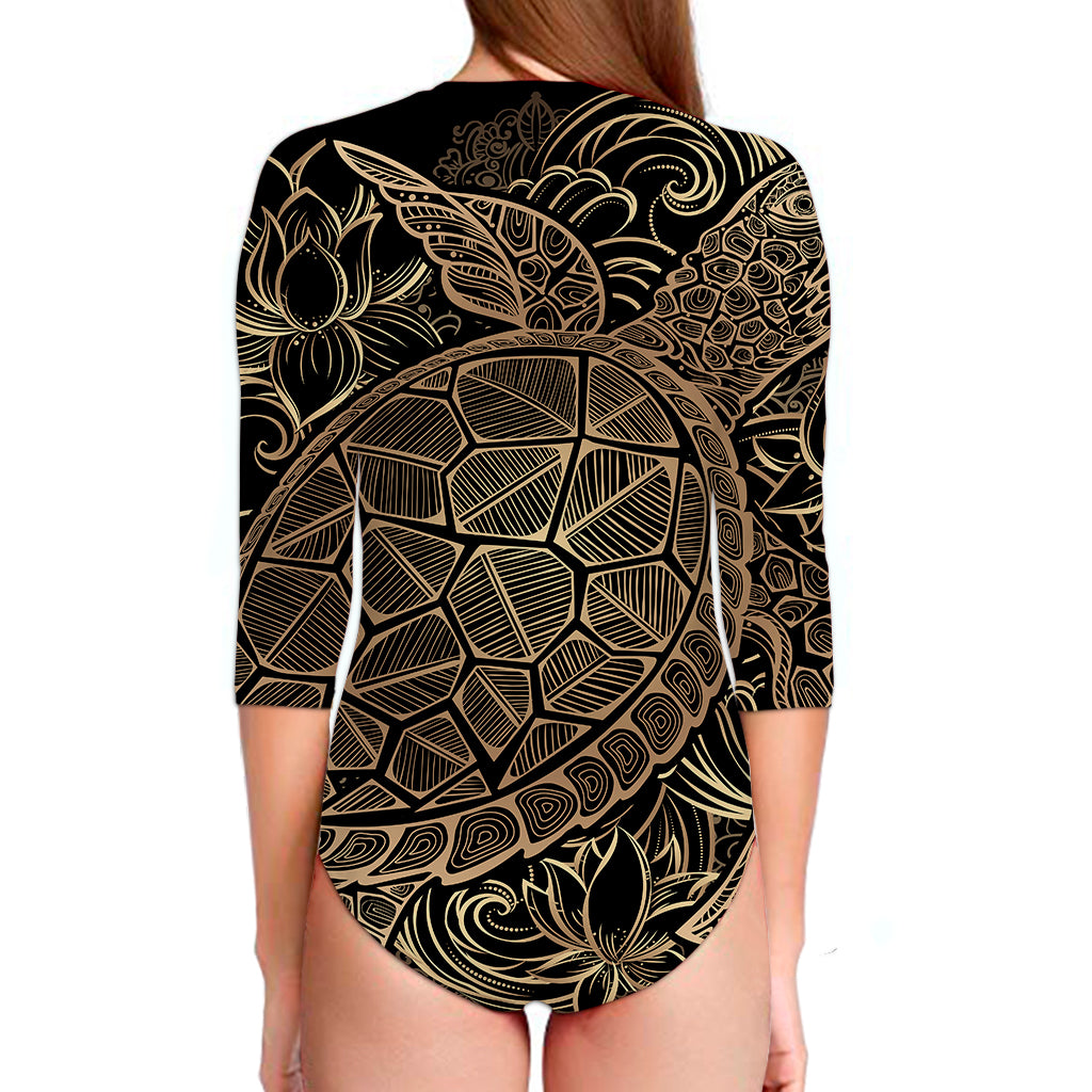 Black And Gold Sea Turtle Print Long Sleeve Swimsuit