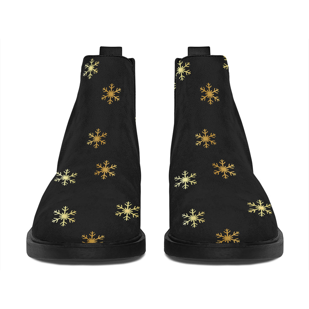 Black And Gold Snowflake Pattern Print Flat Ankle Boots