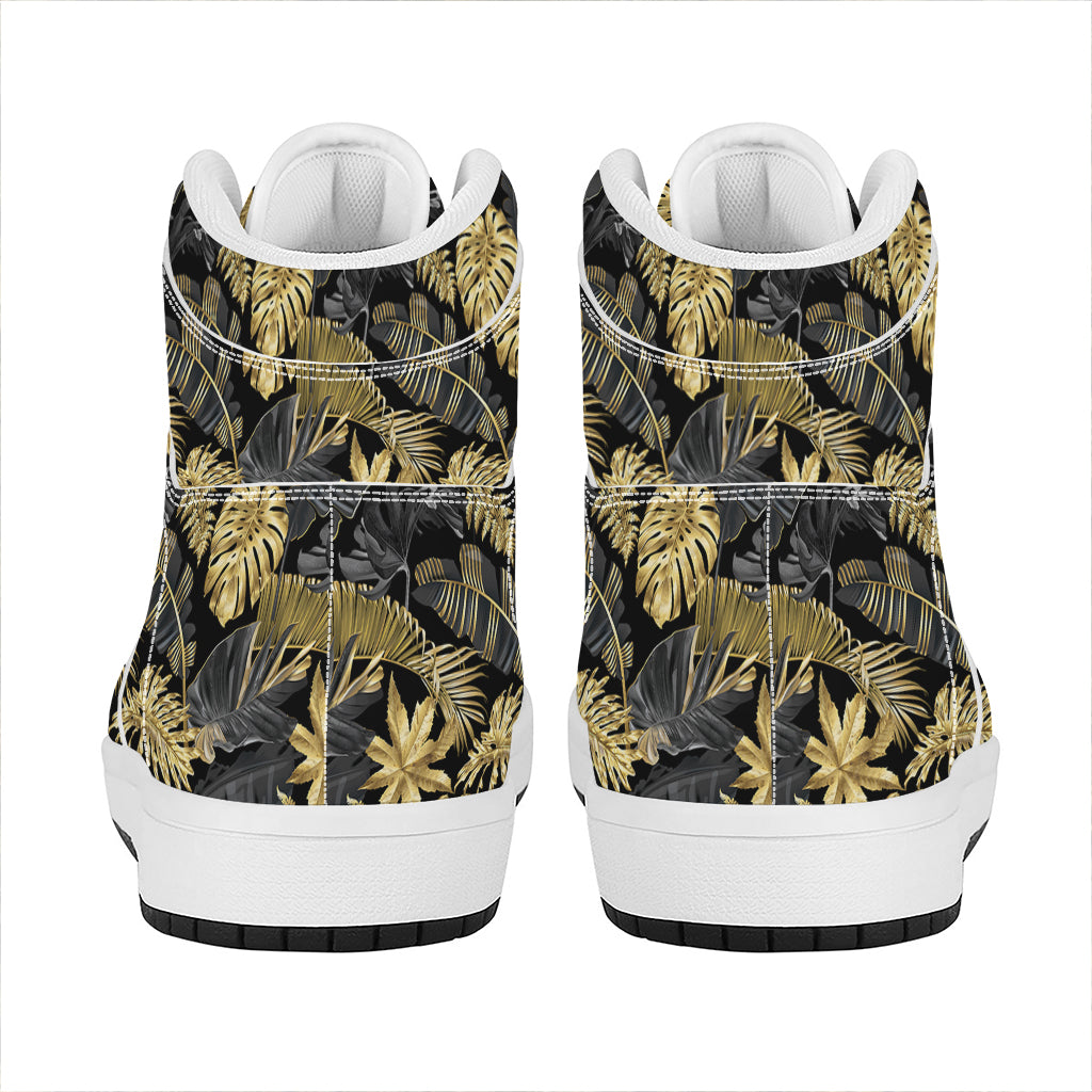 Black And Gold Tropical Pattern Print High Top Leather Sneakers