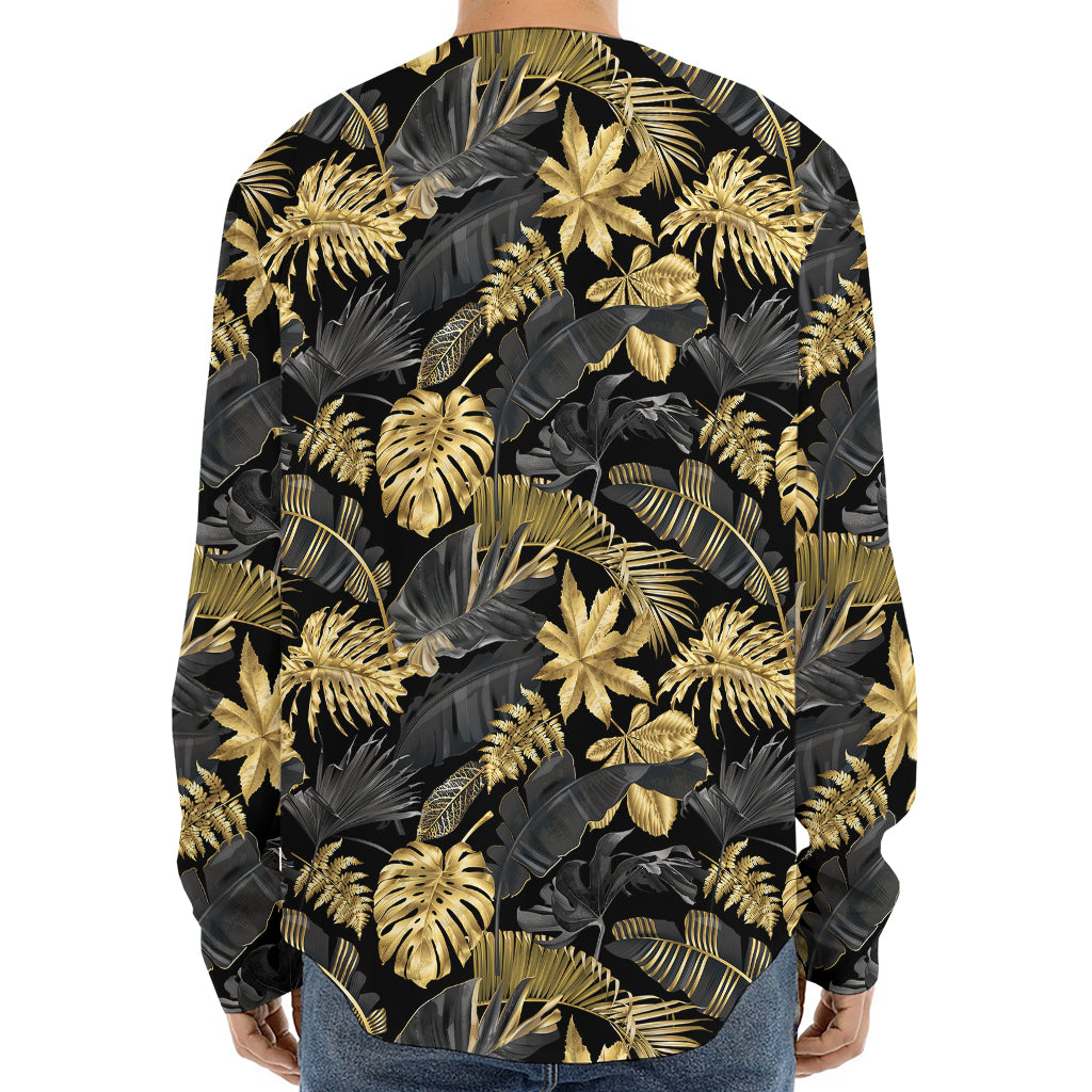 Black And Gold Tropical Pattern Print Long Sleeve Baseball Jersey