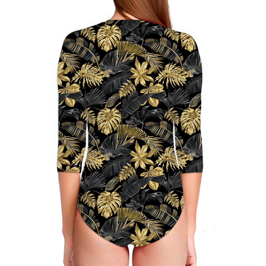 Black And Gold Tropical Pattern Print Long Sleeve Swimsuit