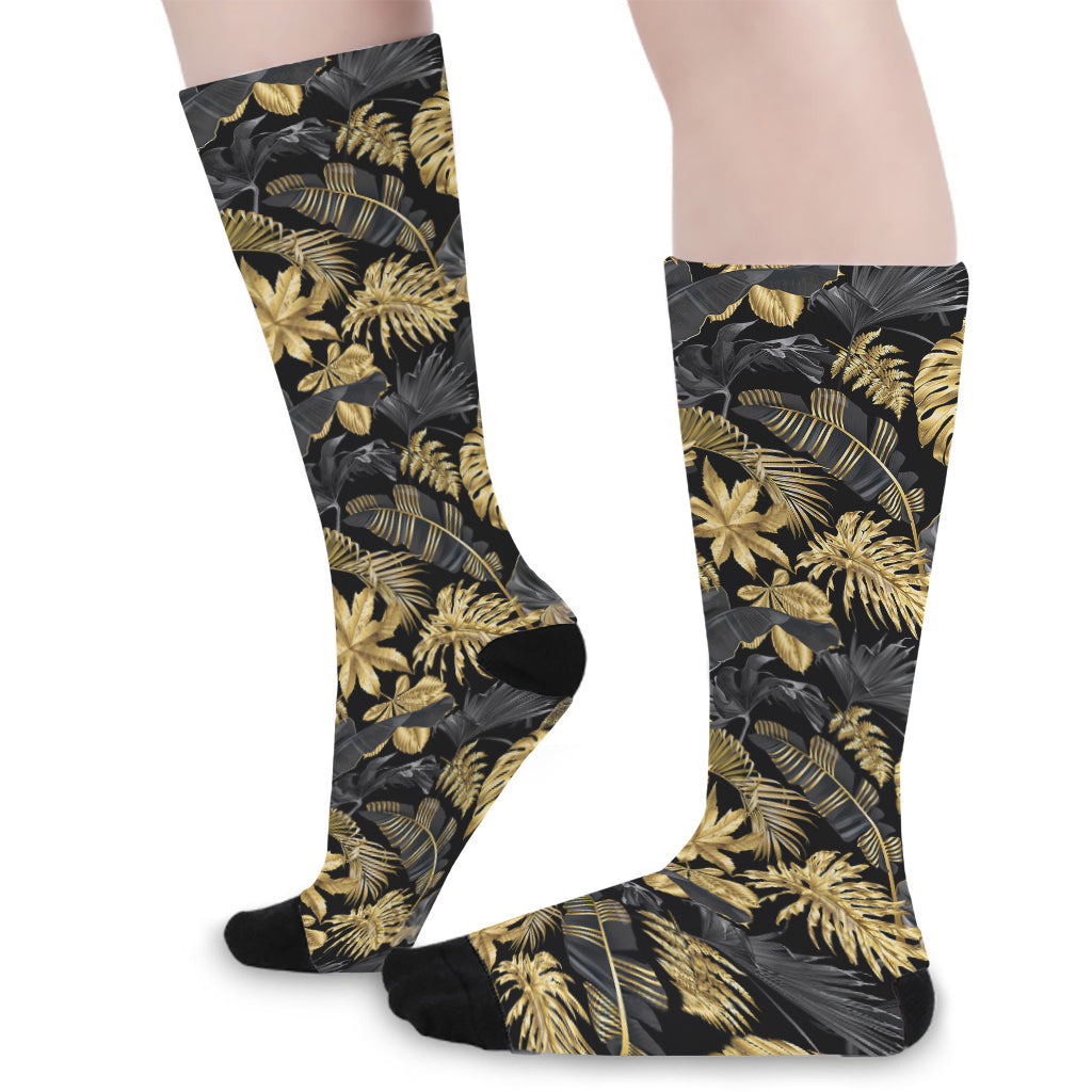 Black And Gold Tropical Pattern Print Long Socks