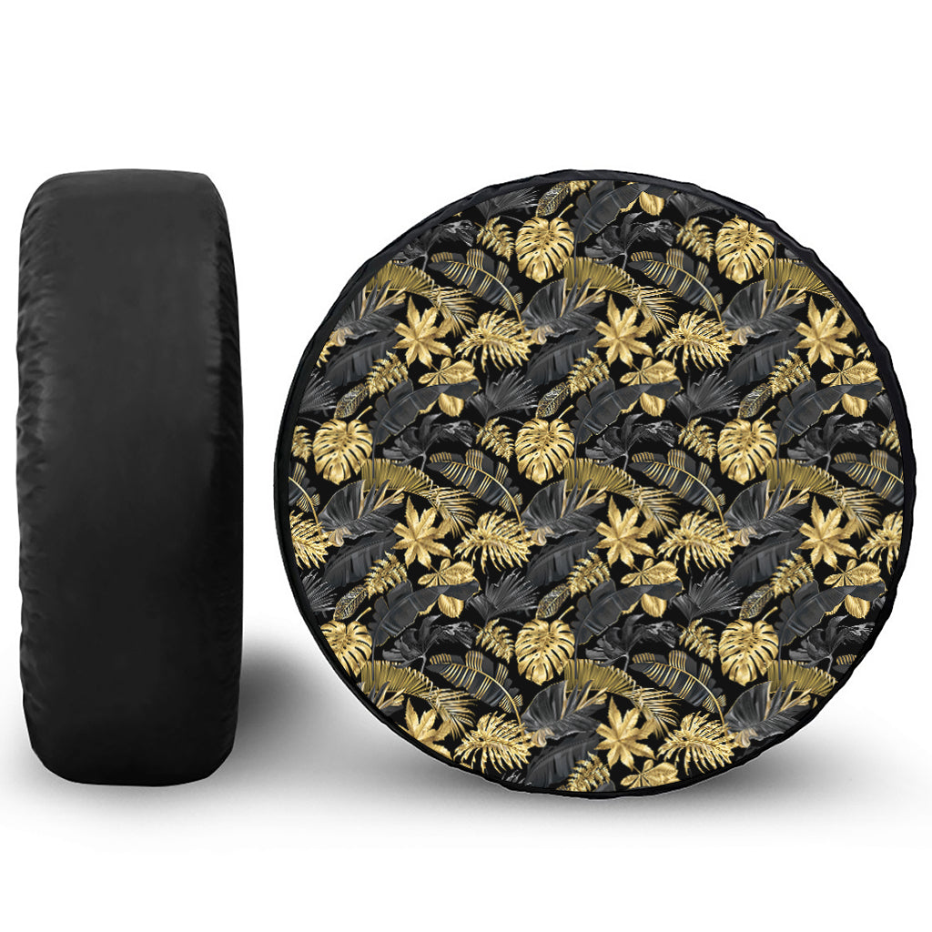 Black And Gold Tropical Pattern Print Tire Cover