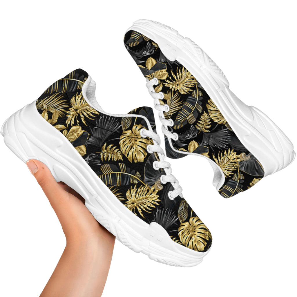 Black And Gold Tropical Pattern Print White Chunky Shoes