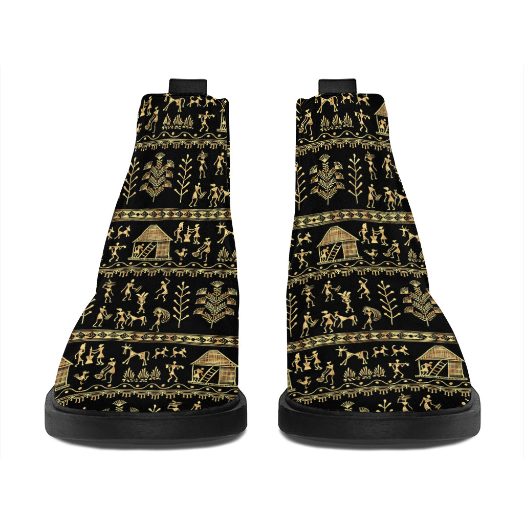 Black And Gold Warli Pattern Print Flat Ankle Boots