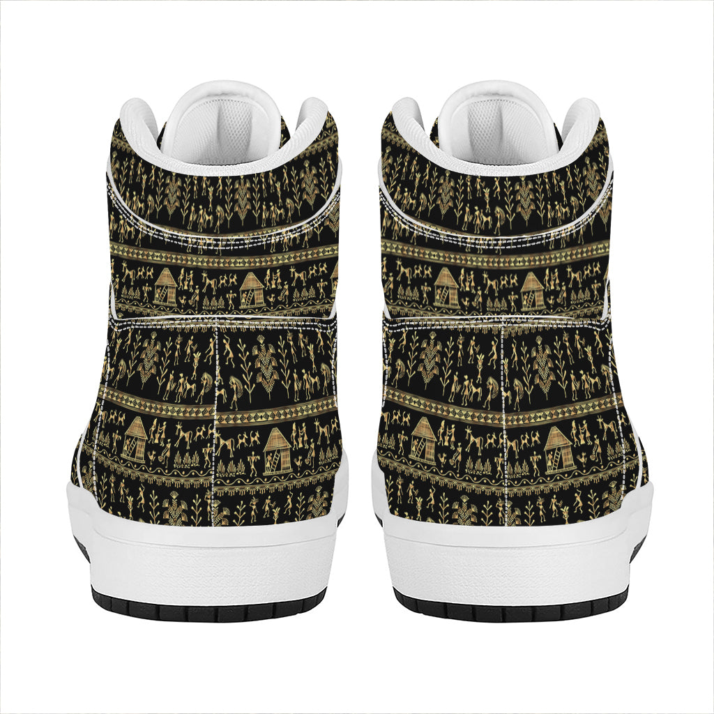 Black And Gold Warli Pattern Print High Top Leather Sneakers