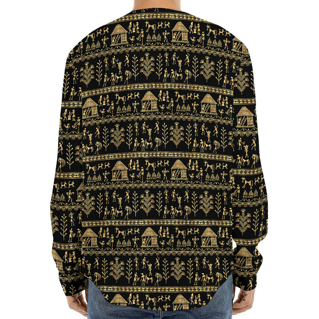 Black And Gold Warli Pattern Print Long Sleeve Baseball Jersey
