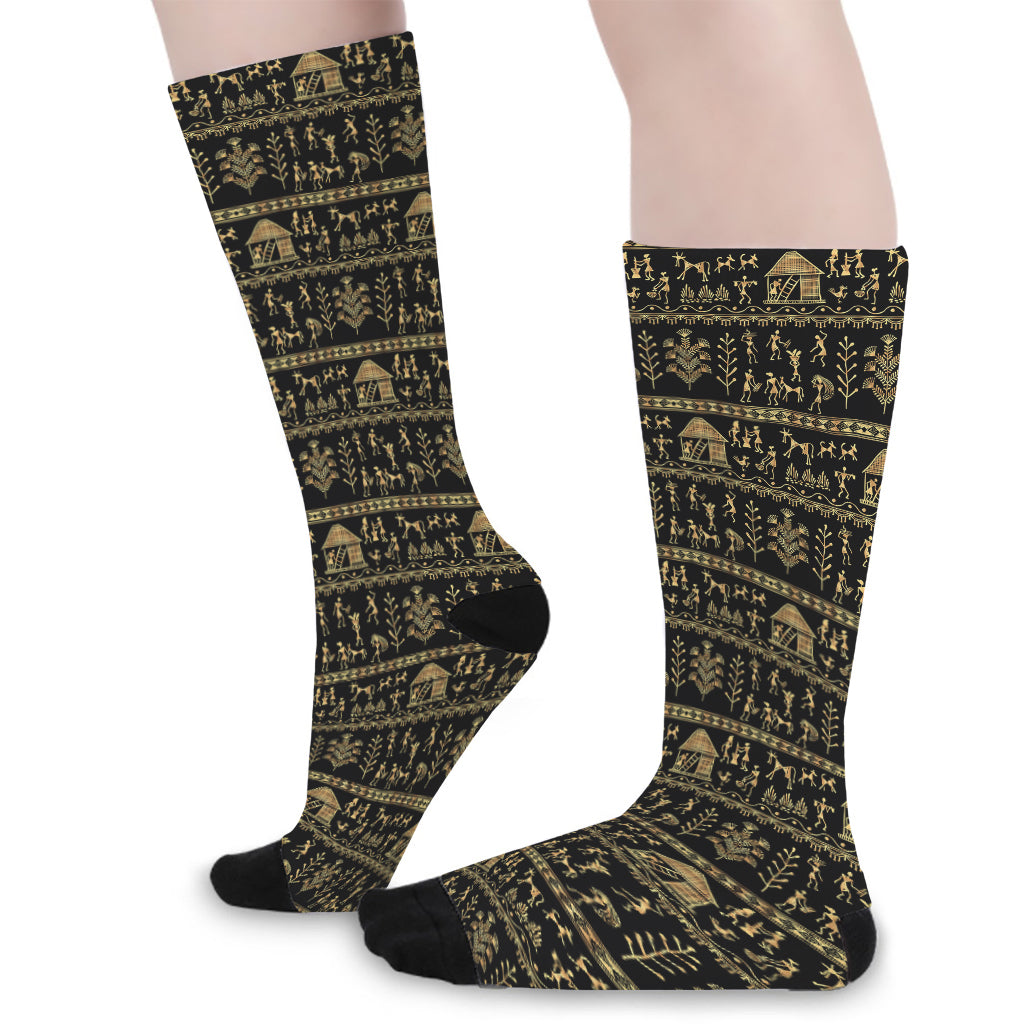 Black And Gold Warli Pattern Print Long Socks