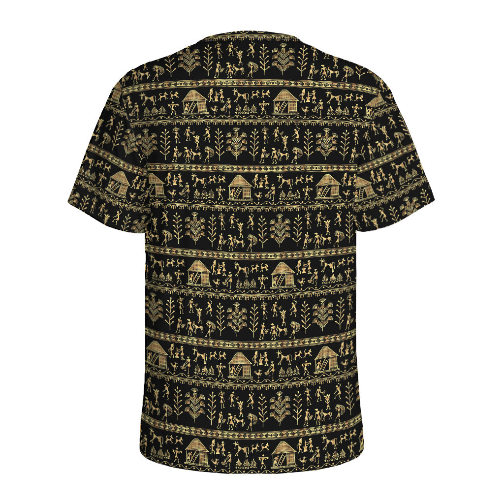 Black And Gold Warli Pattern Print Men's Sports T-Shirt