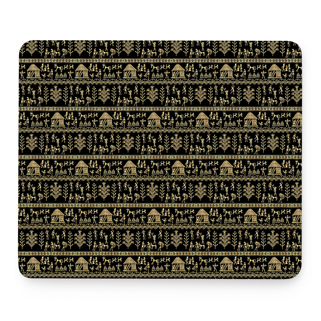 Black And Gold Warli Pattern Print Mouse Pad