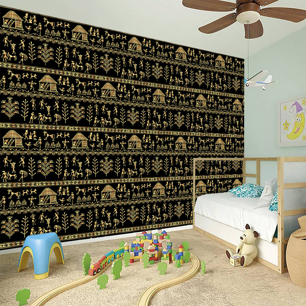 Black And Gold Warli Pattern Print Wall Sticker