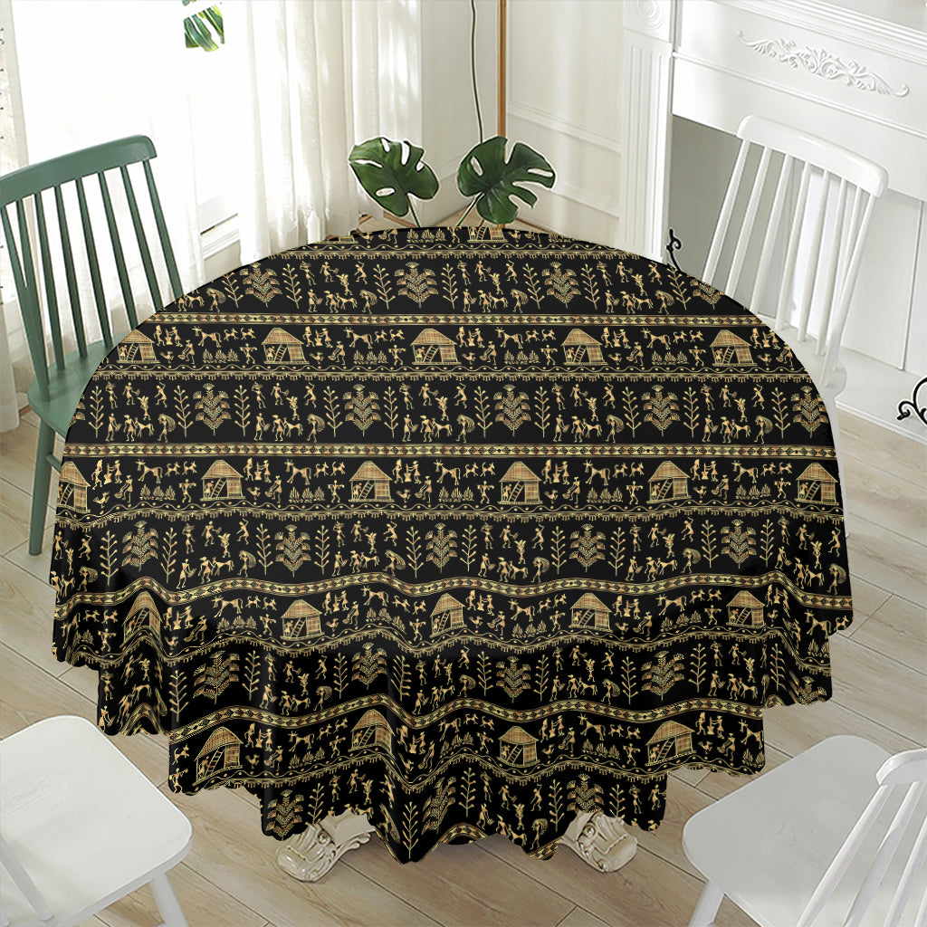 Black And Gold Warli Pattern Print Waterproof Round Tablecloth
