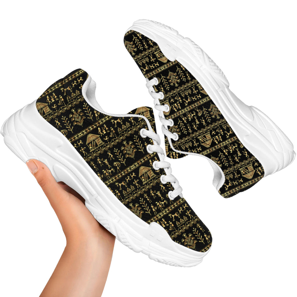 Black And Gold Warli Pattern Print White Chunky Shoes