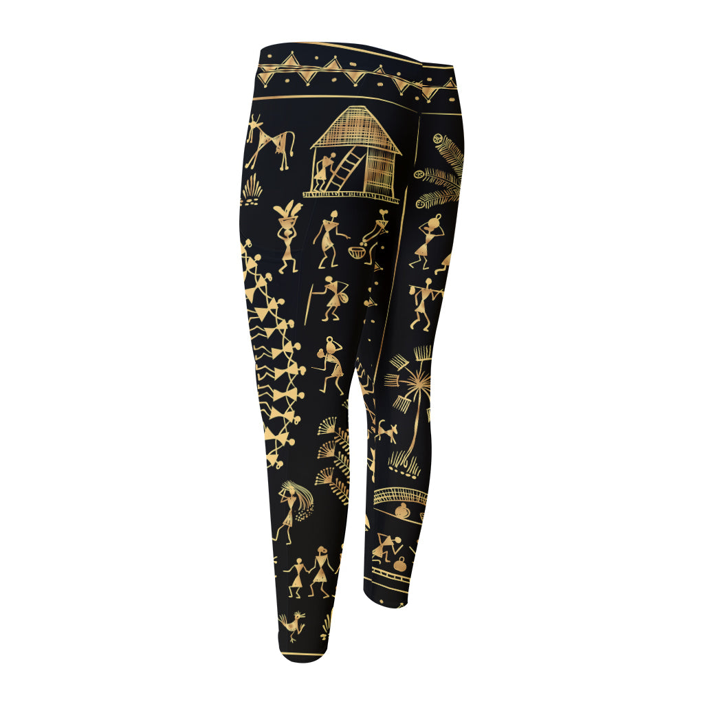 Black And Gold Warli Tribal Print Men's Compression Pants
