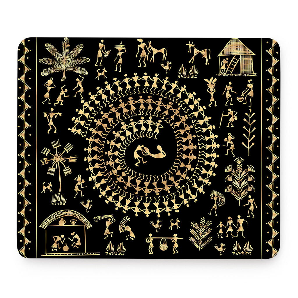 Black And Gold Warli Tribal Print Mouse Pad