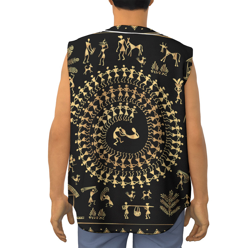 Black And Gold Warli Tribal Print Sleeveless Baseball Jersey
