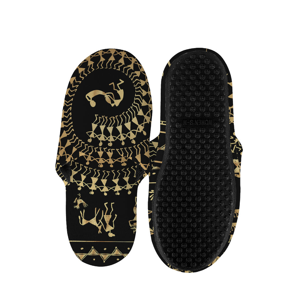 Black And Gold Warli Tribal Print Slippers
