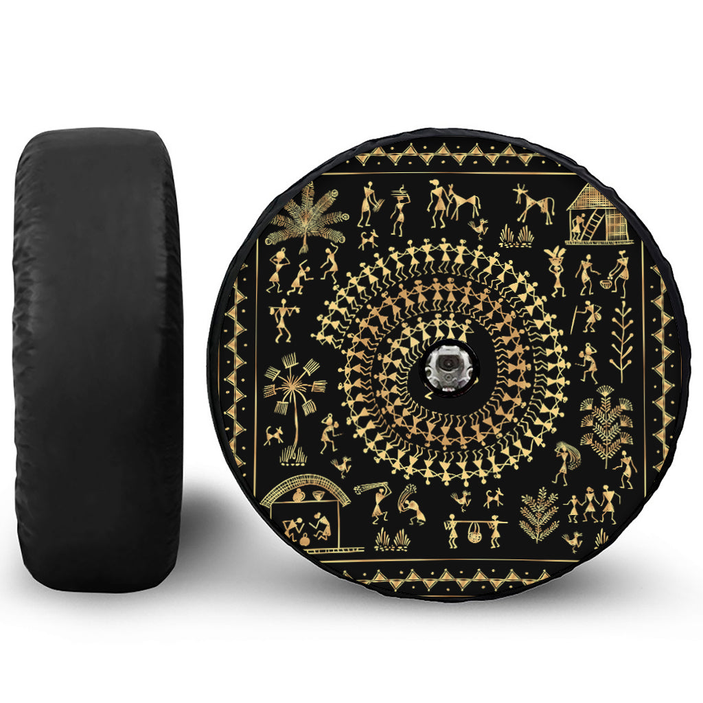 Black And Gold Warli Tribal Print Tire Cover With Camera Hole