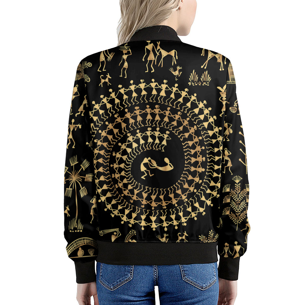 Black And Gold Warli Tribal Print Women's Bomber Jacket