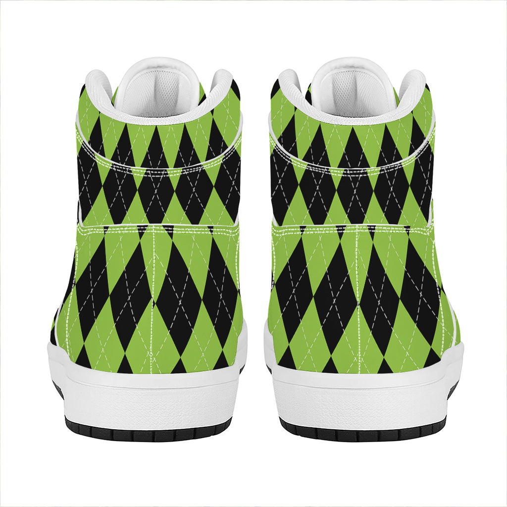 Black And Green Argyle Pattern Print High Top Leather Sneakers