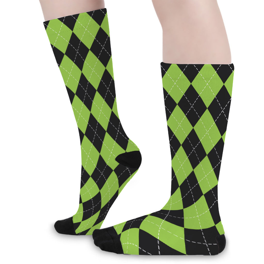 Black And Green Argyle Pattern Print Long Socks