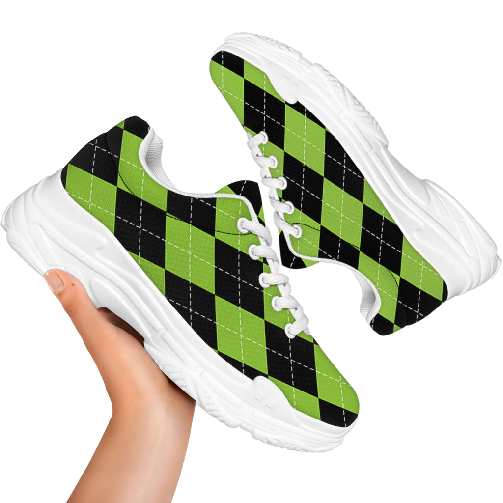 Black And Green Argyle Pattern Print White Chunky Shoes