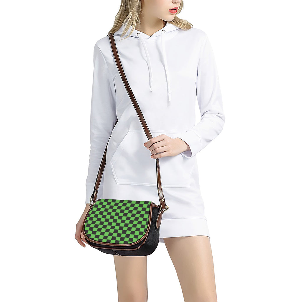 Black And Green Checkered Print Saddle Bag