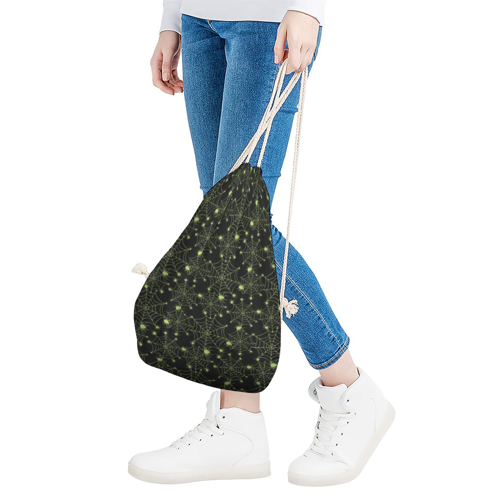 Black And Green Spider Web Pattern Print Drawstring Bag