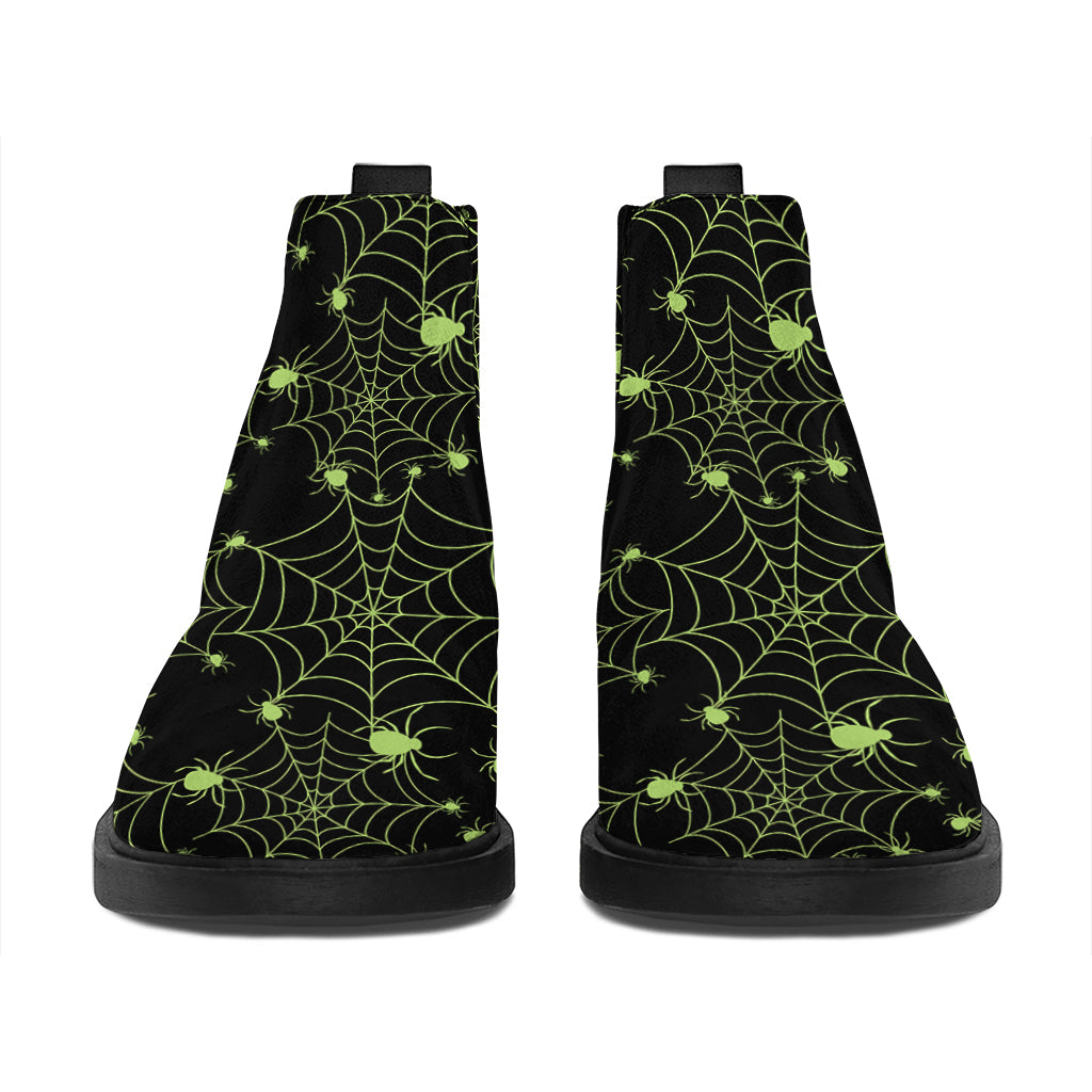 Black And Green Spider Web Pattern Print Flat Ankle Boots