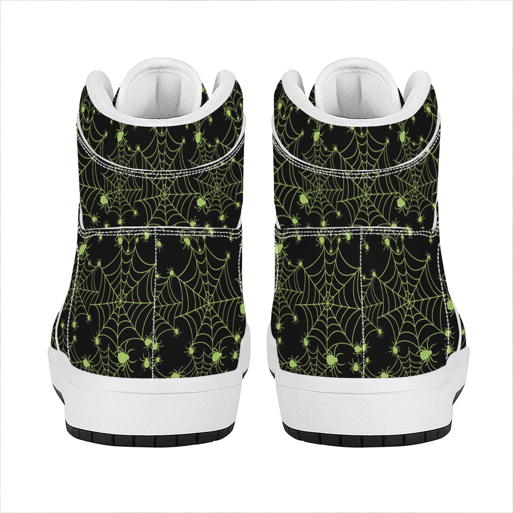 Black And Green Spider Web Pattern Print High Top Leather Sneakers