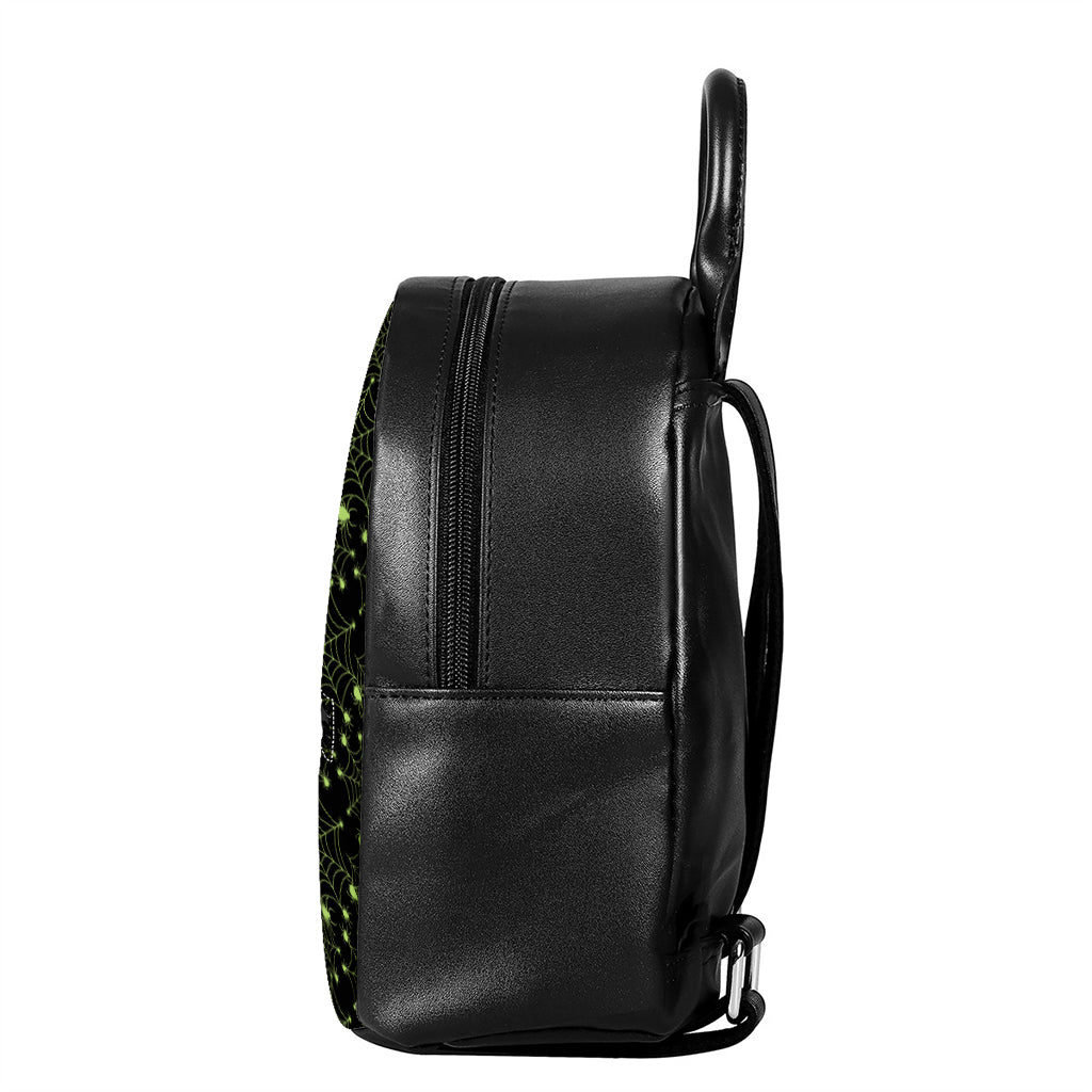 Black And Green Spider Web Pattern Print Leather Backpack