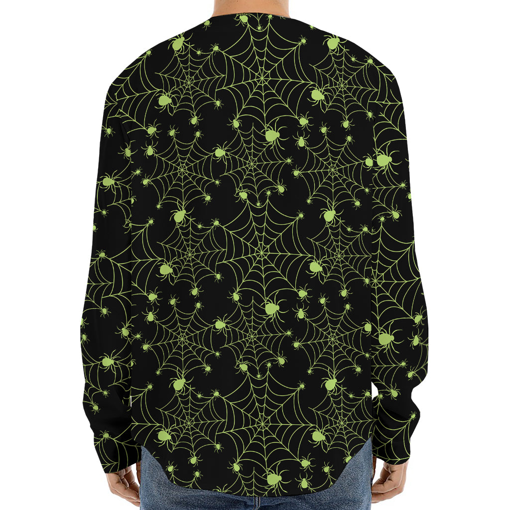 Black And Green Spider Web Pattern Print Long Sleeve Baseball Jersey