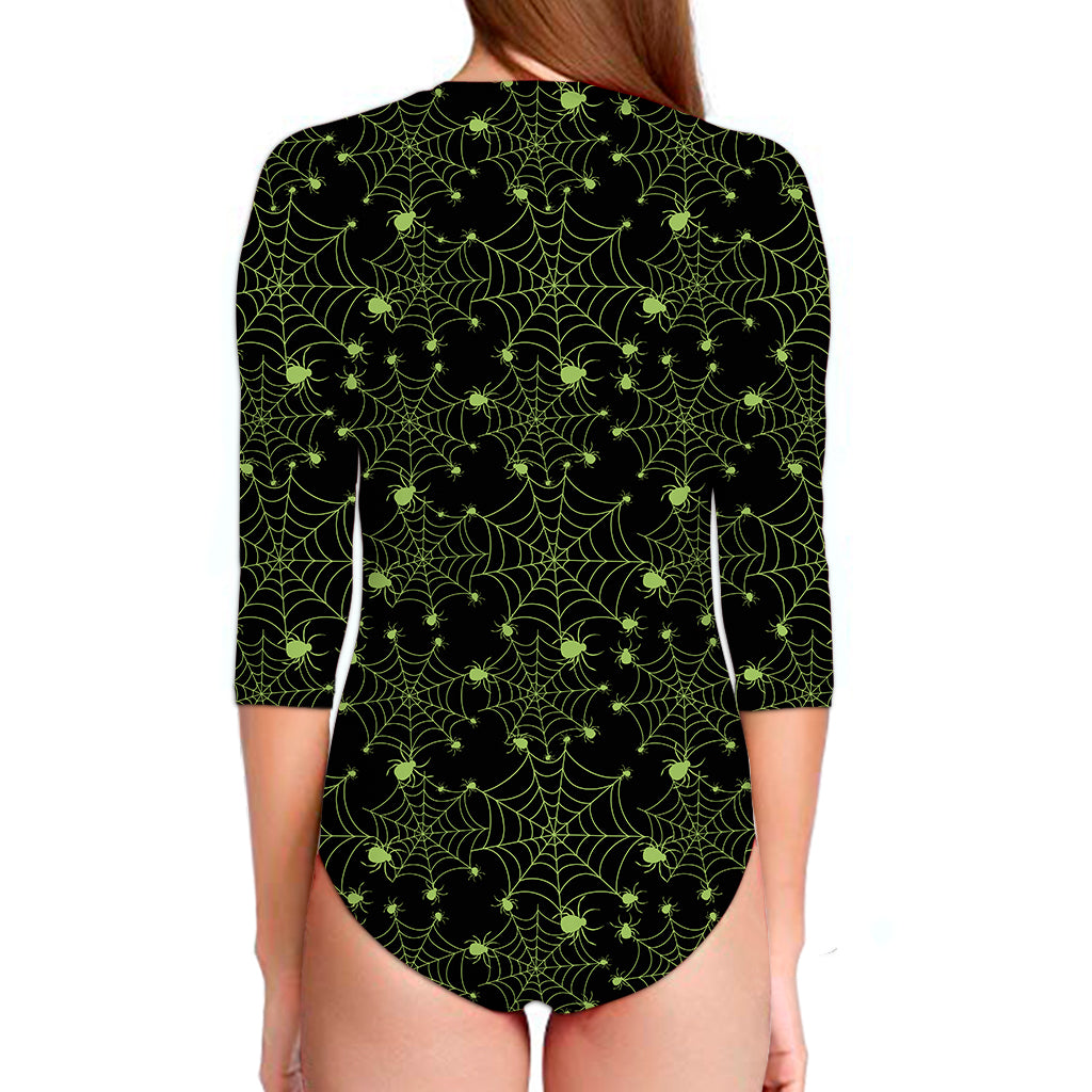 Black And Green Spider Web Pattern Print Long Sleeve Swimsuit
