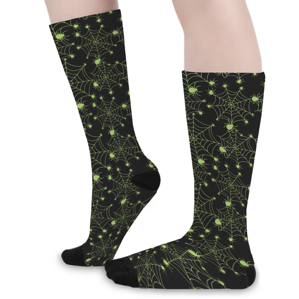 Black And Green Spider Web Pattern Print Long Socks