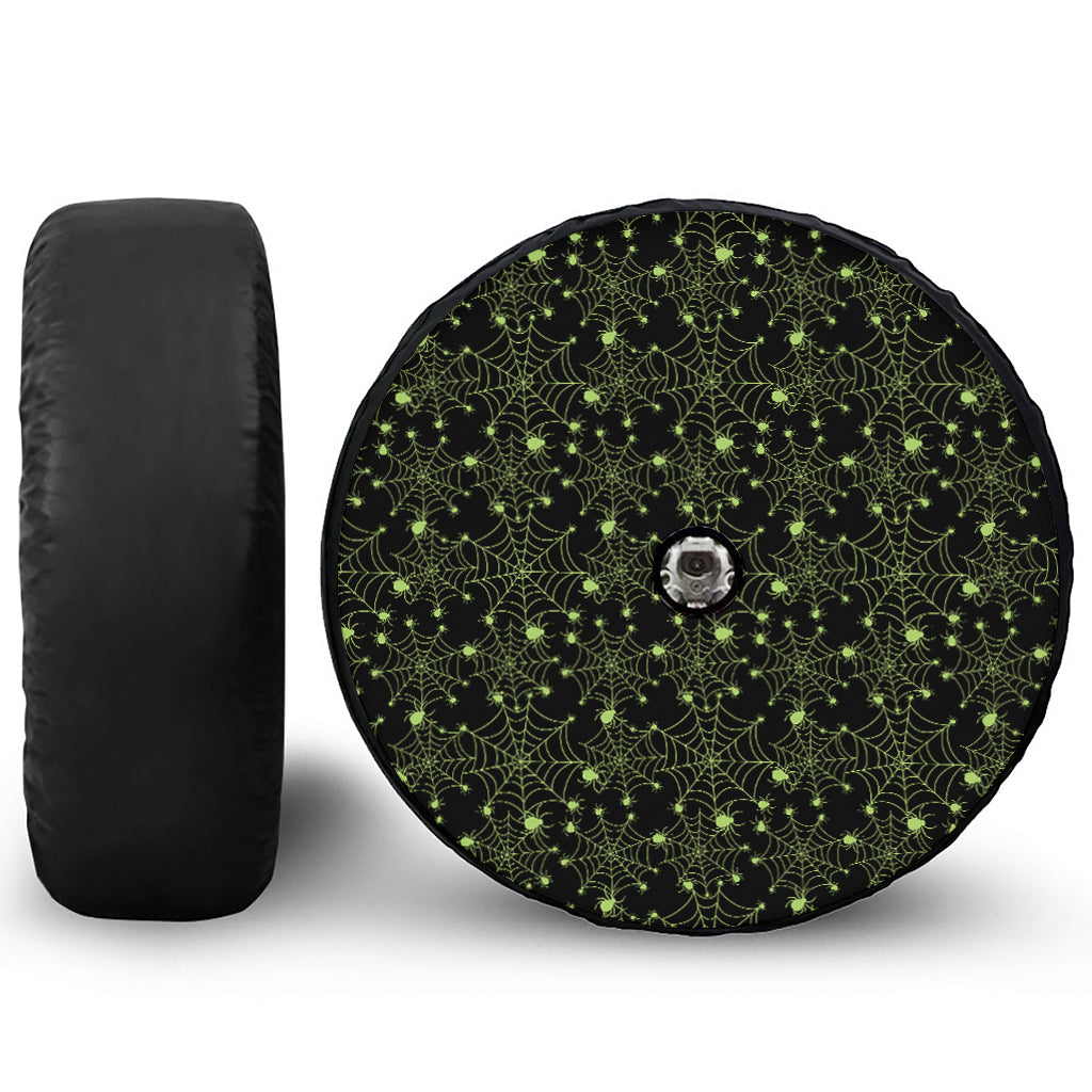 Black And Green Spider Web Pattern Print Tire Cover With Camera Hole
