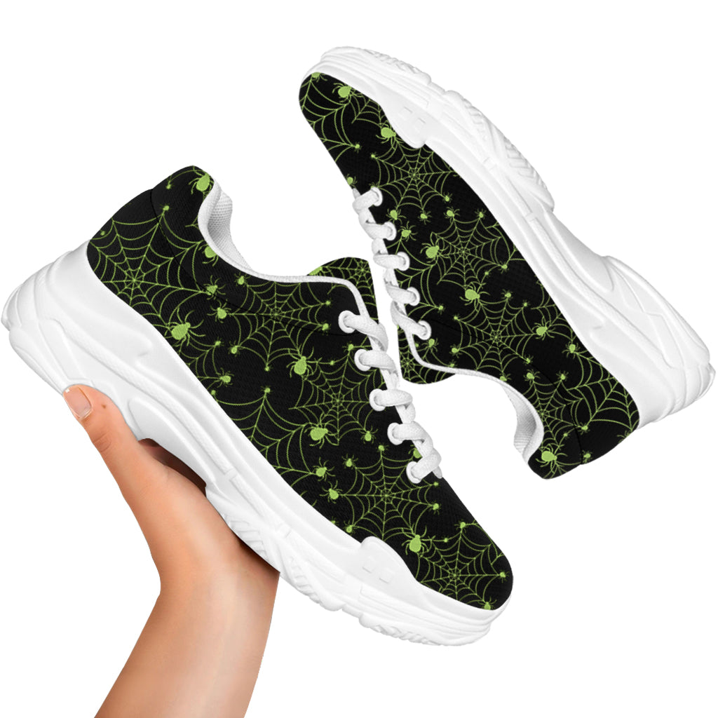 Black And Green Spider Web Pattern Print White Chunky Shoes