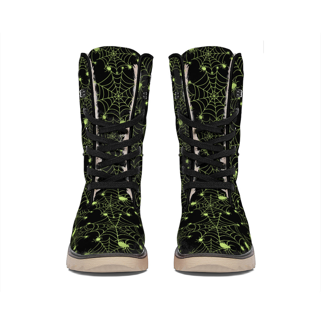 Black And Green Spider Web Pattern Print Winter Boots
